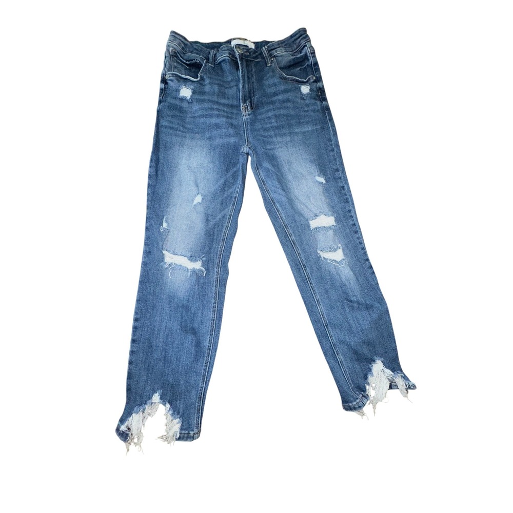 Risen Jeans High Rise Distressed Shark Bite Hem Straight Leg Blue Denim 13 31